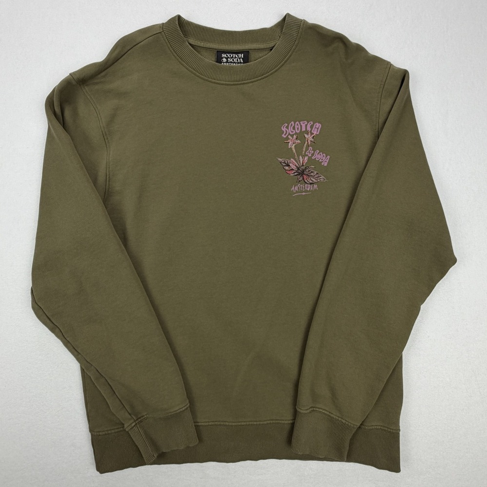 Scotch & Soda Amsterdam Olive Green Organic Cotton Floral Graphic Sweatshirt L